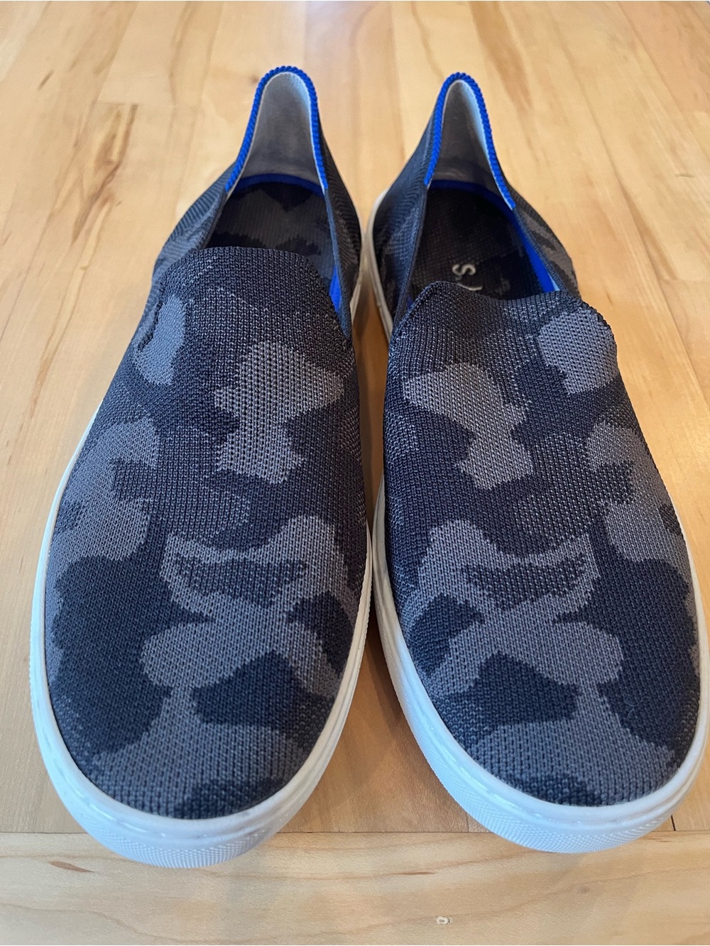 Rothy's Women's Slip-On Flats in Charcoal Camo with Blue Trim
